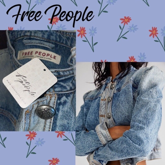 FREE PEOPLE "AUBREY" DENIM JACKET~MILITARY STYLE~"LIGHT INDIGO"~LARGE